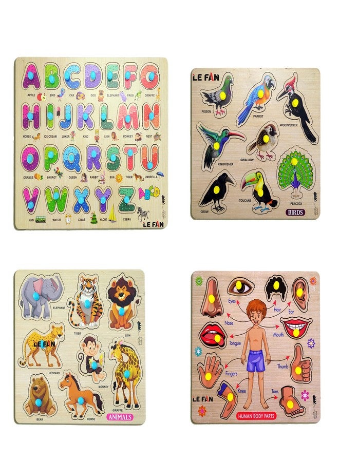 Lefan® Kids Fort Pre Nursery Educational Jigsaw Puzzles for Adults Kids Learning Toys Kit Board Game 4 pcs Set of ABCD Alphabets, Birds, Animals & Human Body Parts. Educational Toy - Image 1